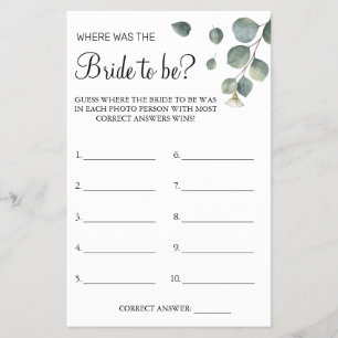 Eucalyptus Where was She Bridal shower game card Flyer