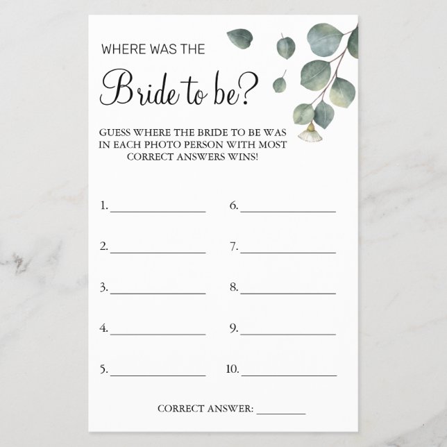 Eucalyptus Where was She Bridal shower game card Flyer (Front)