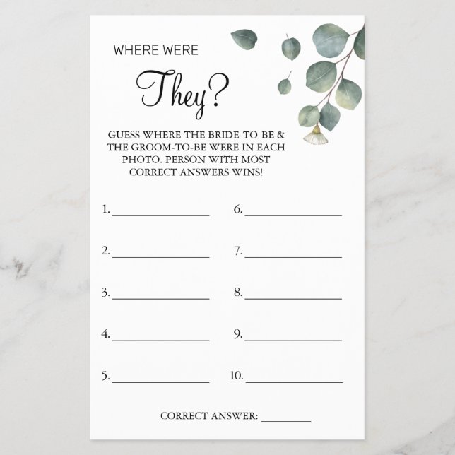 Eucalyptus Where were They Bridal shower game card Flyer (Front)