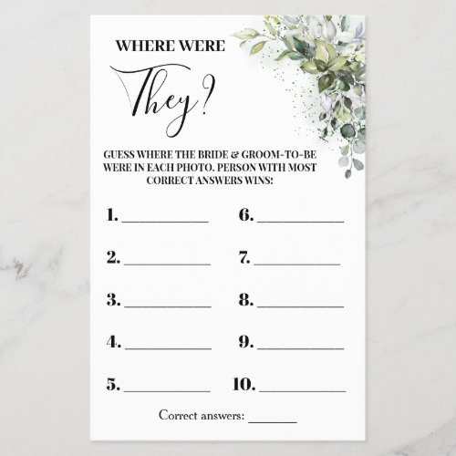 Eucalyptus Where were They Bridal Shower Game Card Flyer