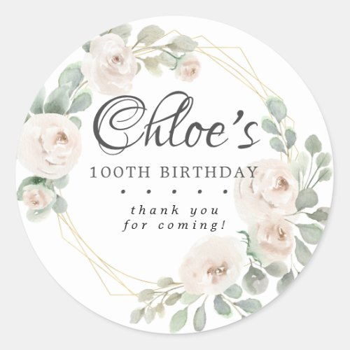 Eucalyptus White Floral 100th Birthday Thank You Classic Round Sticker