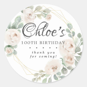 Eucalyptus White Floral 100th Birthday Thank You Classic Round Sticker