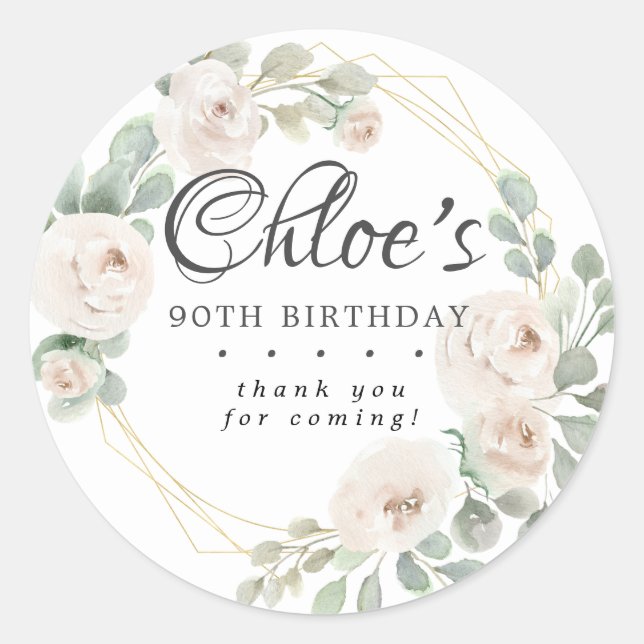 Eucalyptus White Floral 90th Birthday Thank You Classic Round Sticker (Front)