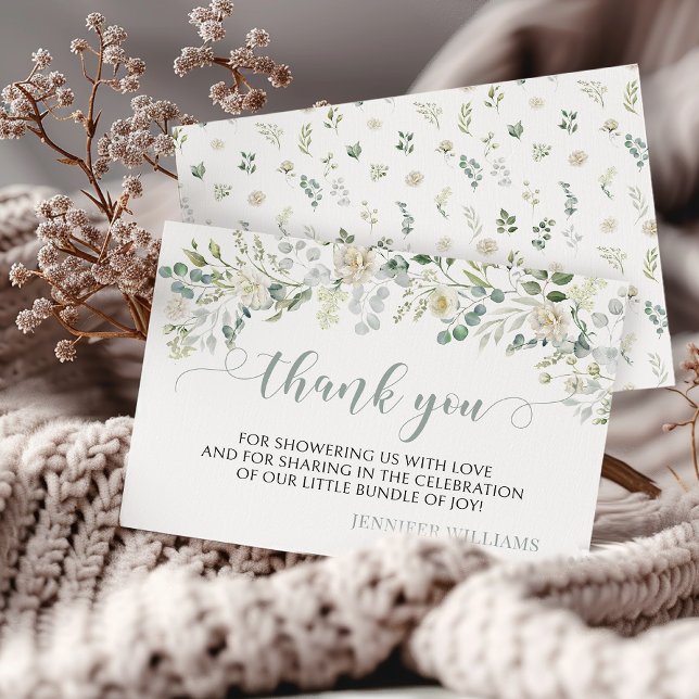 Eucalyptus White Floral Baby Shower Thank You Card (Creator Uploaded)