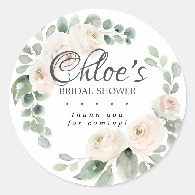 Eucalyptus White Floral Bridal Shower Thank You Classic Round Sticker (Front)