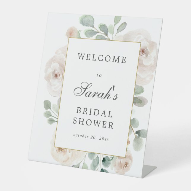 Eucalyptus White Floral Bridal Shower Welcome Pedestal Sign (Front)