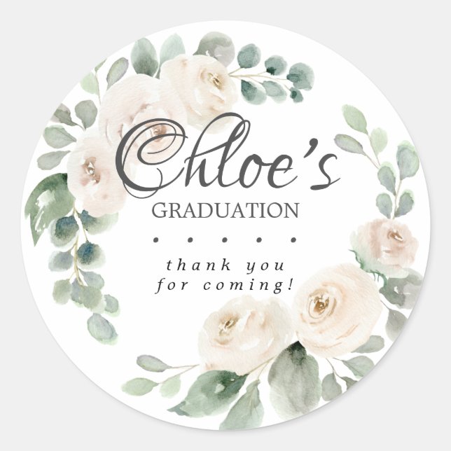 Eucalyptus White Floral Graduation Thank You Classic Round Sticker (Front)