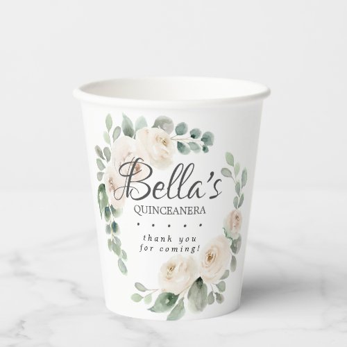 Eucalyptus White Floral Quinceanera Thank You Paper Cups