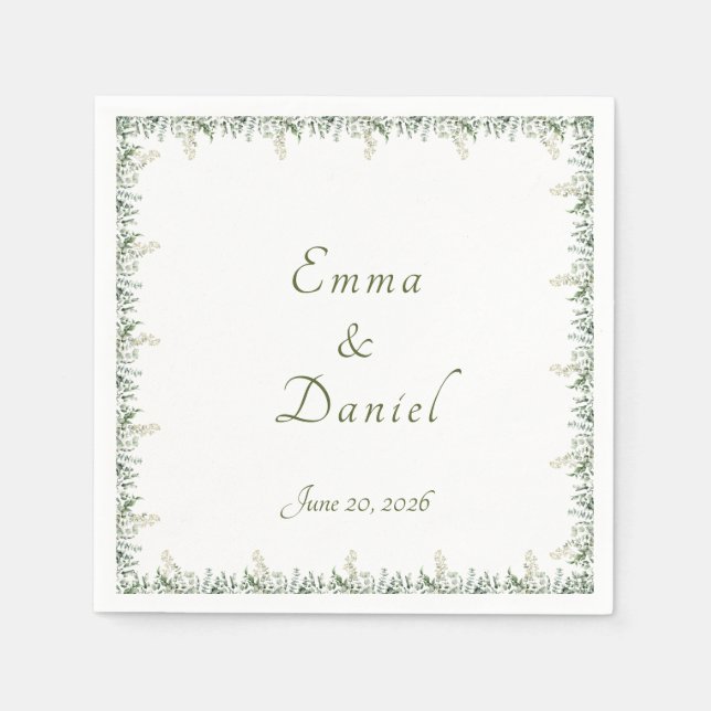 Eucalyptus & White Florals Botanical Wedding Napkins (Front)