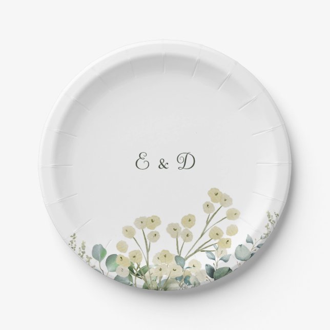 Eucalyptus & White Florals Botanical Wedding  Paper Plates (Front)