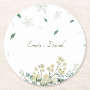 Eucalyptus & White Florals Botanical Wedding Round Paper Coaster