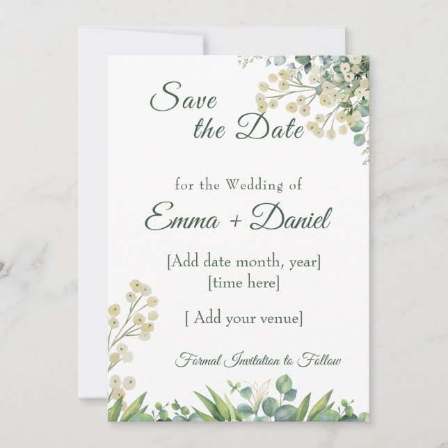 Eucalyptus & White Florals Botanical Wedding Save The Date (Front)