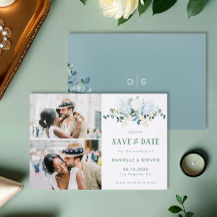 Eucalyptus white flower wedding save the date letterpress photo cards