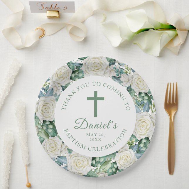 Eucalyptus White Flowers Baptism Paper Plates (Wedding)