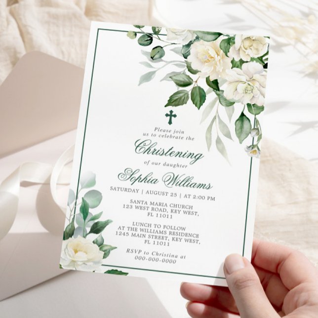 Eucalyptus White Flowers Christening Invitation (Creator Uploaded)