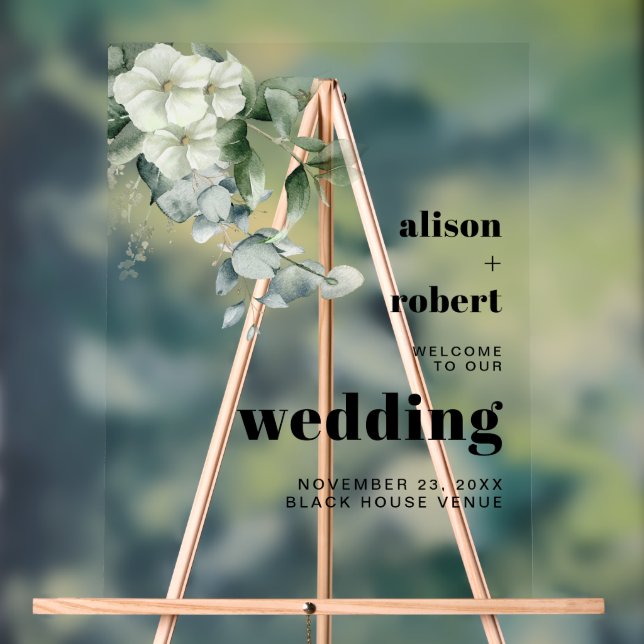 Eucalyptus, white flowers floral wedding WELCOME Acrylic Sign (Neutral)