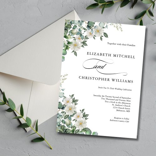 Eucalyptus White Flowers Greenery Elegant Wedding Invitation