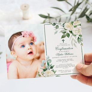 Eucalyptus White Flowers Photo Girl Confirmation Invitation
