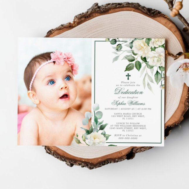 Eucalyptus White Flowers Photo Girl Dedication Invitation (Creator Uploaded)