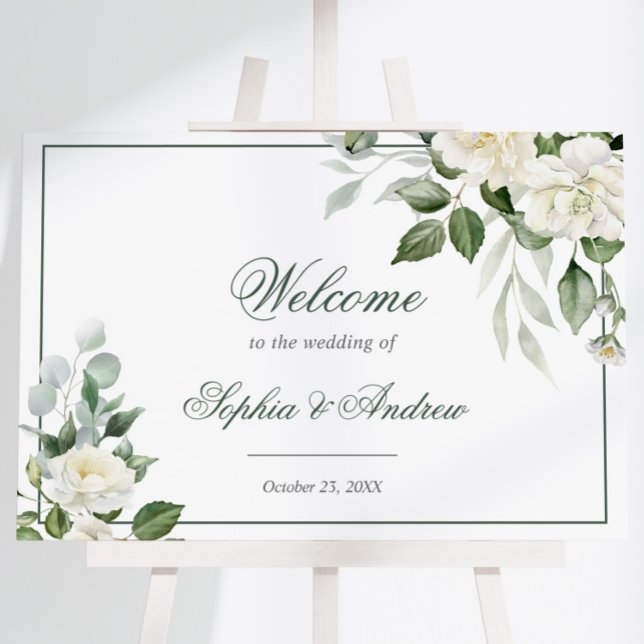 Eucalyptus White Flowers Wedding Welcome Sign (Creator Uploaded)