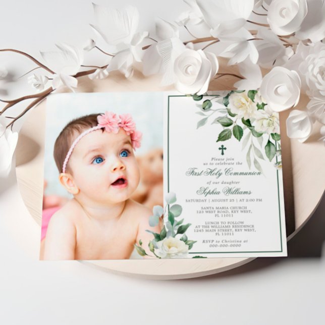 Eucalyptus White Photo Girl First Holy Communion Invitation (Creator Uploaded)