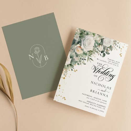 Eucalyptus White Rose Elegant Greenery Wedding Invitation