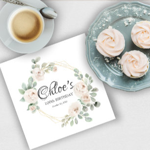 Eucalyptus White Rose Floral 100th Birthday Party Napkins