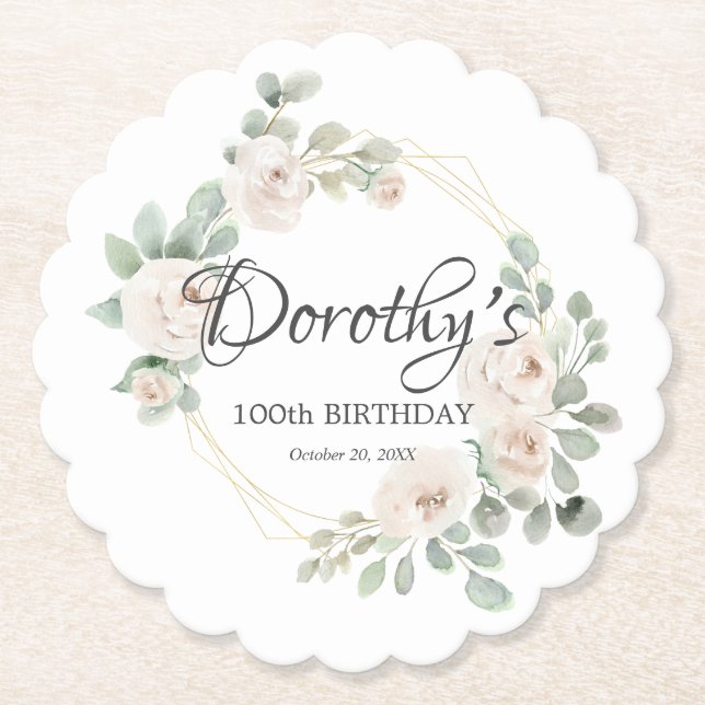 Eucalyptus White Rose Floral 100th Birthday Party Paper Coaster (Front)