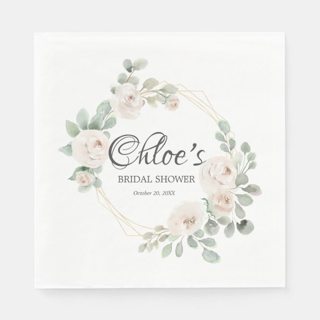 Eucalyptus White Rose Floral Bridal Shower Napkins (Front)