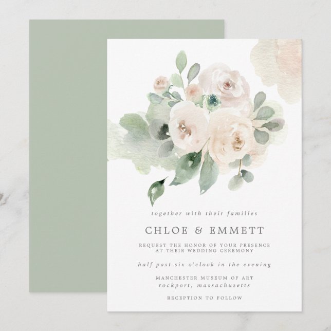 Eucalyptus White Rose Floral Wedding Invitation (Front/Back)