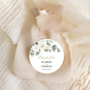 Eucalyptus White Rose Greenery Floral Wedding Classic Round Sticker