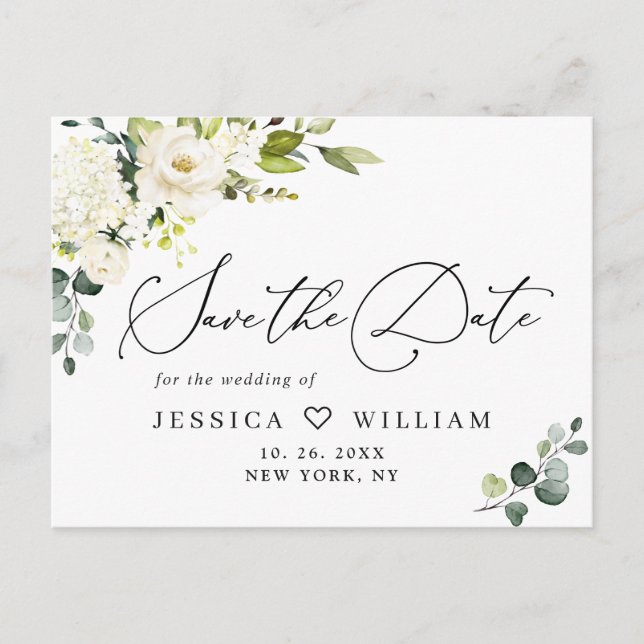 Eucalyptus White Roses Boho Wedding Save the Date Postcard (Front)