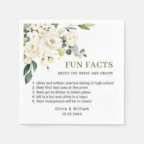 Eucalyptus White Roses Fun Facts Wedding Napkins