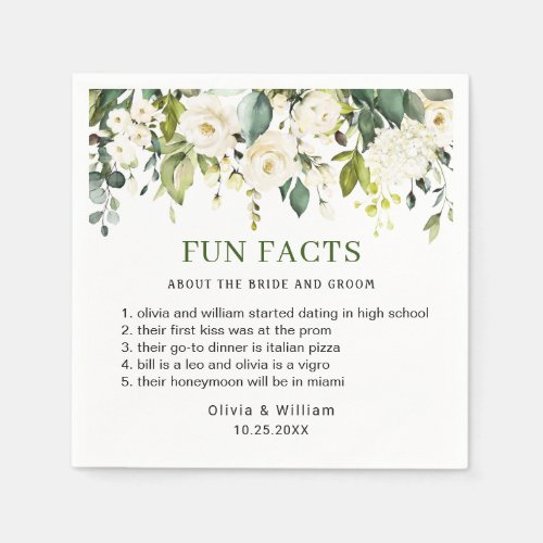 Eucalyptus White Roses Fun Facts Wedding Napkins