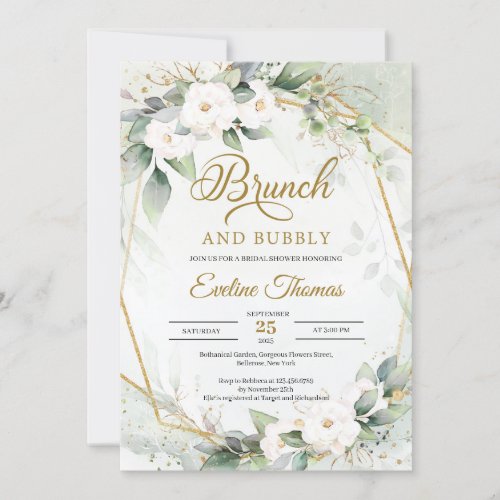 Eucalyptus white roses gold brunch and bubbly invitation