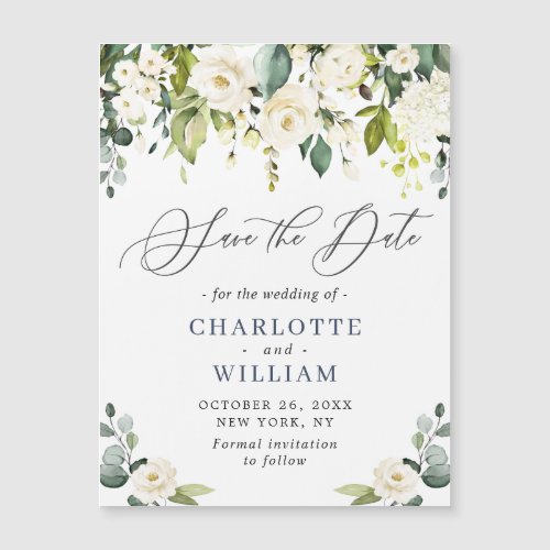 Eucalyptus White Roses Save the Date Magnetic Card