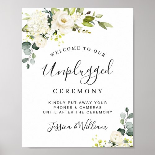 Eucalyptus White Roses Unplugged Wedding Ceremony Poster