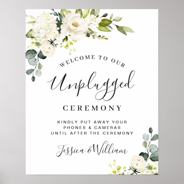 Eucalyptus White Roses Unplugged Wedding Ceremony Poster (Front)