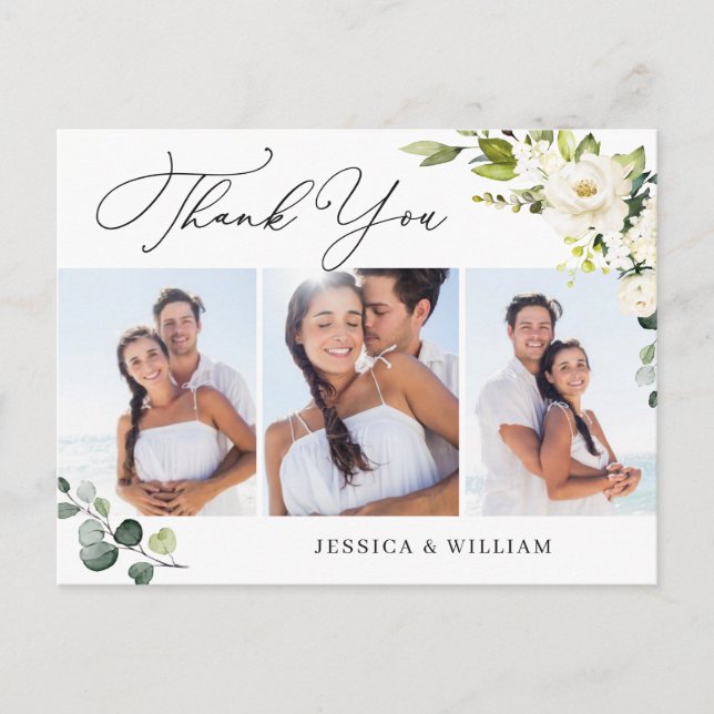 Eucalyptus White Roses Wedding 3 Photo Thank You Postcard (Front)
