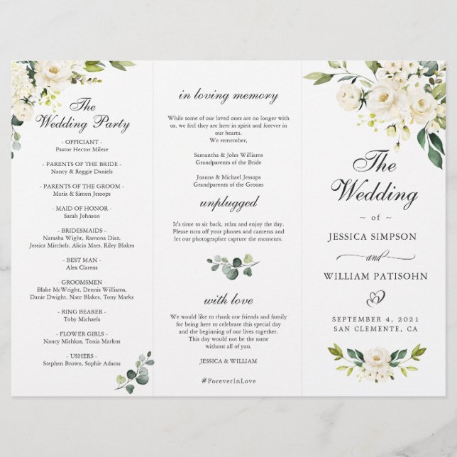 Eucalyptus White Roses Wedding Ceremony Program (Front)