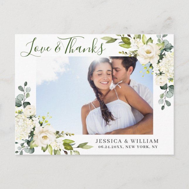 Eucalyptus White Roses Wedding Photo Thank You Postcard (Front)