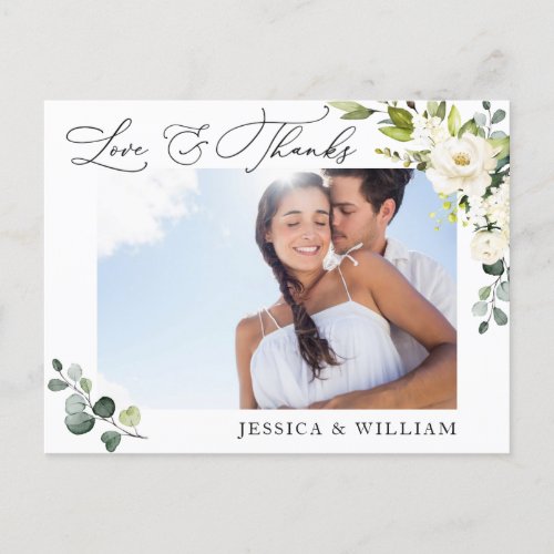 Eucalyptus White Roses Wedding Photo Thank You Postcard