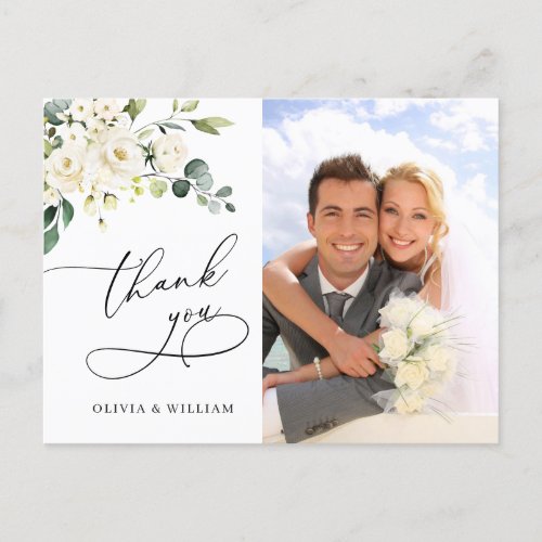 Eucalyptus White Roses Wedding Photo Thank You Postcard