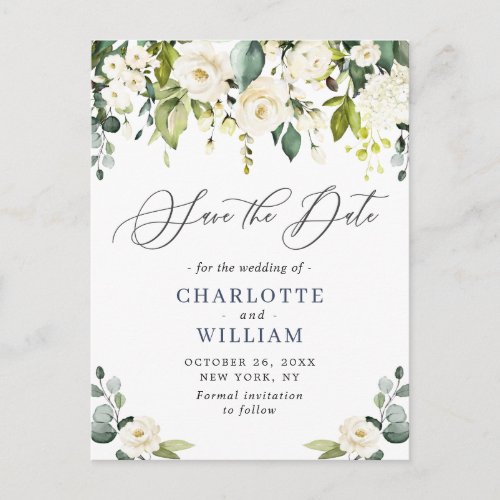 Eucalyptus White Roses Wedding Save the Date Postcard