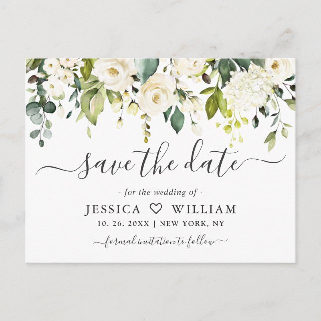 Eucalyptus White Roses Wedding Save the Date Postcard (Front)