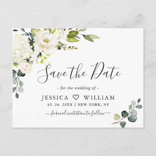 Eucalyptus White Roses Wedding Save the Date Postcard