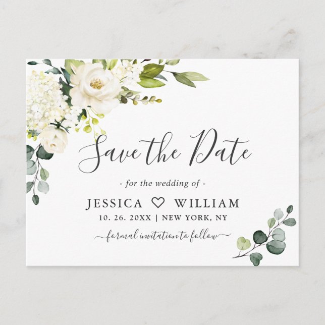 Eucalyptus White Roses Wedding Save the Date Postcard (Front)