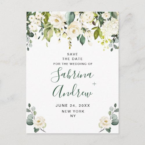 Eucalyptus White Roses Wedding Save the Date Postcard