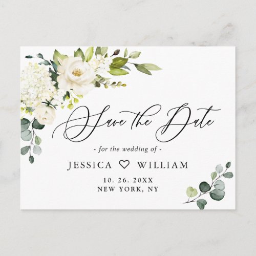 Eucalyptus White Roses Wedding Save the Date Postcard