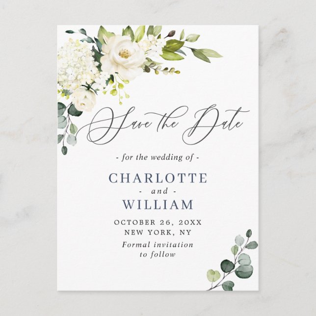 Eucalyptus White Roses Wedding Save the Date Postcard (Front)